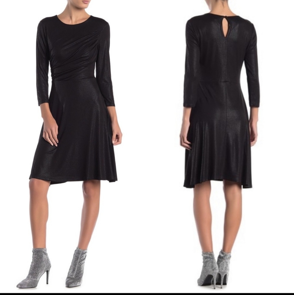 Spense Black Shimmer Foiled Draped Skater Dress Large
